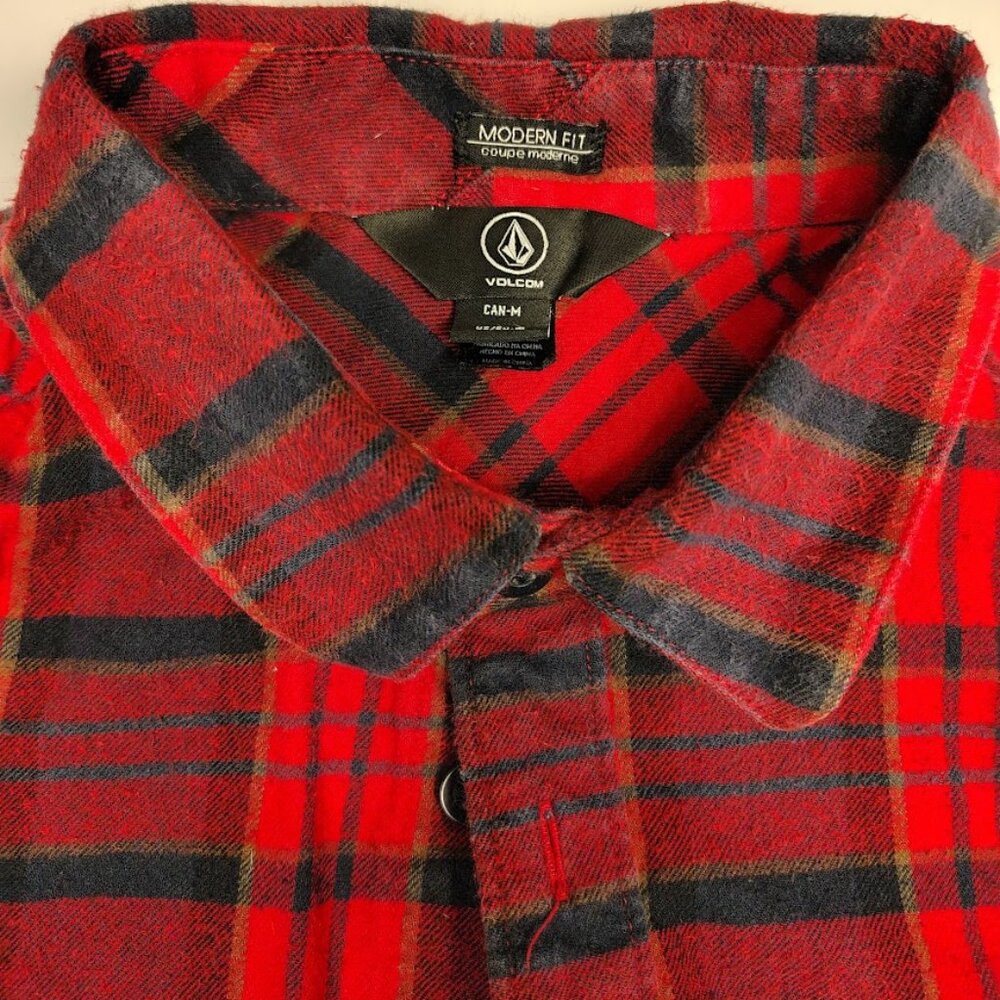 Volcom Flannel Shirt Button-Down Red Black Plaid Modern Fit Long Sleeve Men’s Me